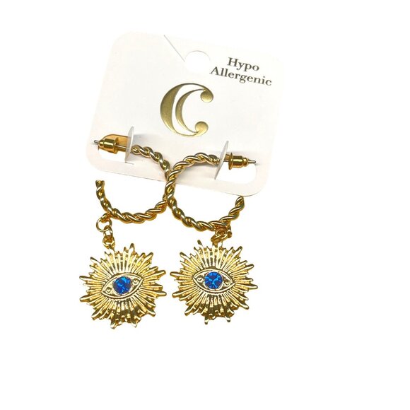 Charming, Charlie MSRP 16 Hypoallergenic Gold-Tone Evil Eye Dangle Earrings With - Picture 3 of 6